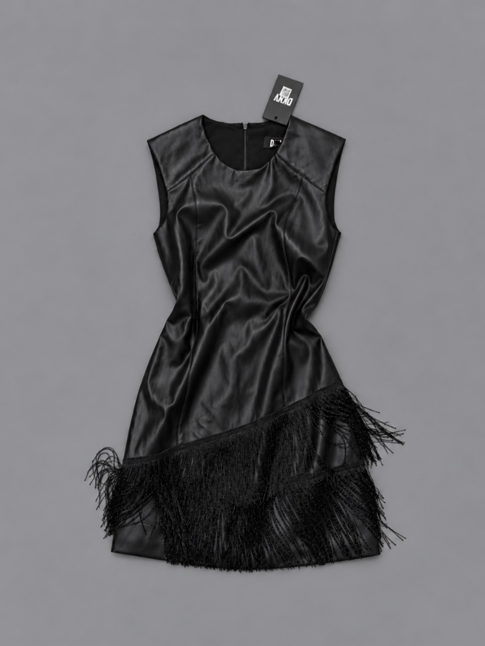 DKNY Black Faux Leather Fringe Dress – Size 2
